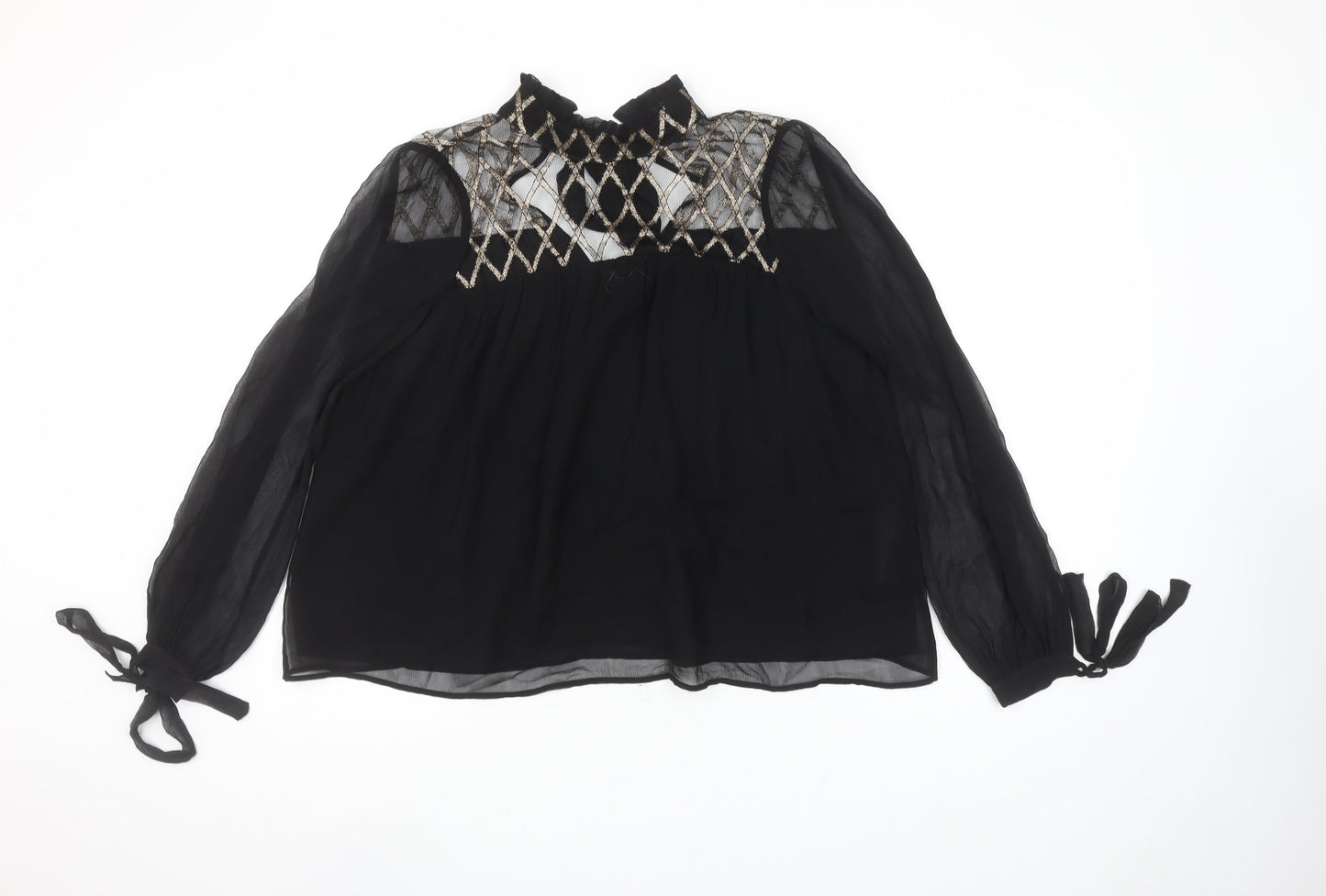 Uterqüe Women's Black Sheer Embroidered High Neck Tunic Blouse Size S