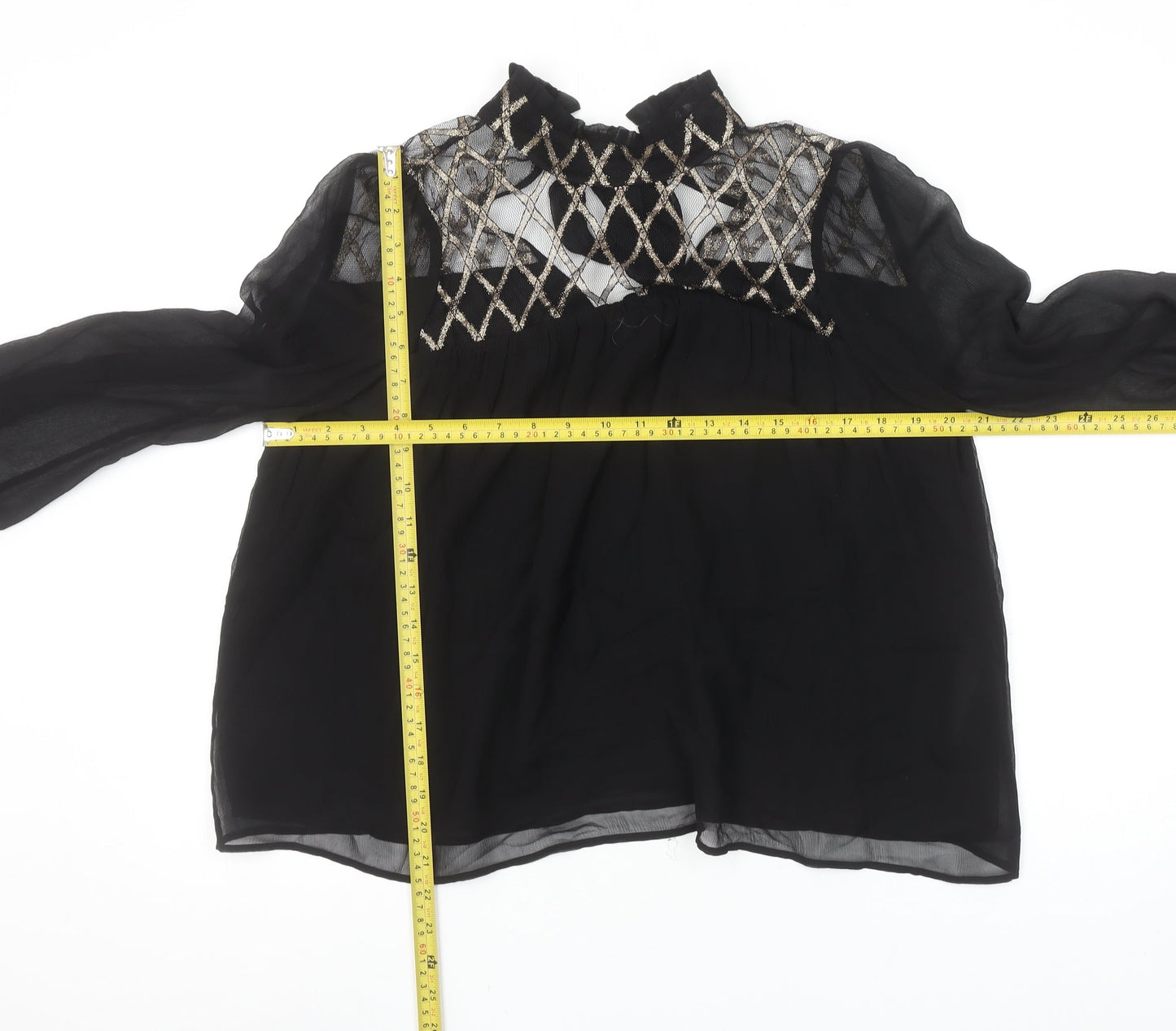 Uterqüe Women's Black Sheer Embroidered High Neck Tunic Blouse Size S
