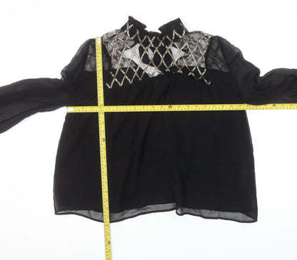 Uterqüe Women's Black Sheer Embroidered High Neck Tunic Blouse Size S