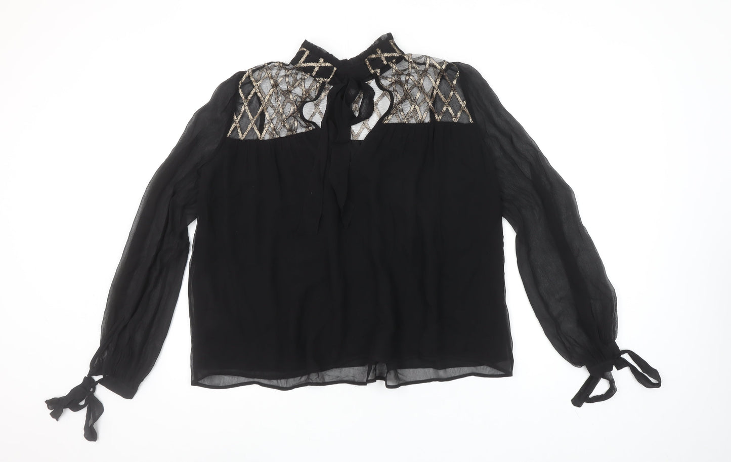 Uterqüe Women's Black Sheer Embroidered High Neck Tunic Blouse Size S