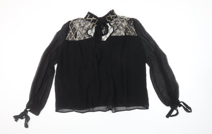 Uterqüe Women's Black Sheer Embroidered High Neck Tunic Blouse Size S