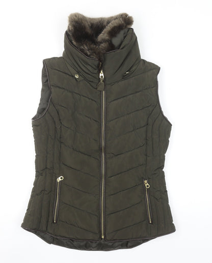Joules Women's Green Faux Fur Trim Quilted Puffer Waistcoat UK 10