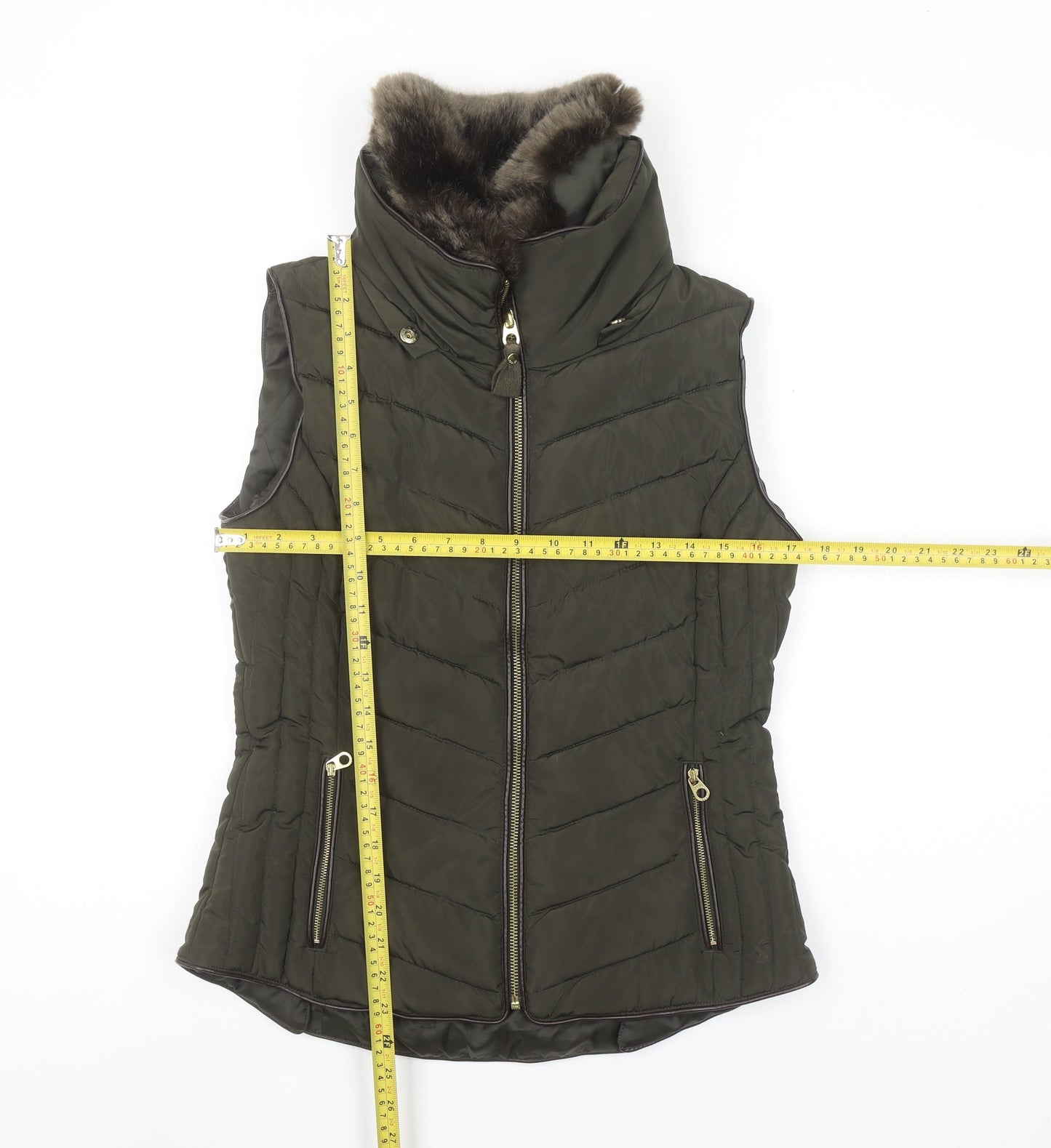 Joules Women's Green Faux Fur Trim Quilted Puffer Waistcoat UK 10