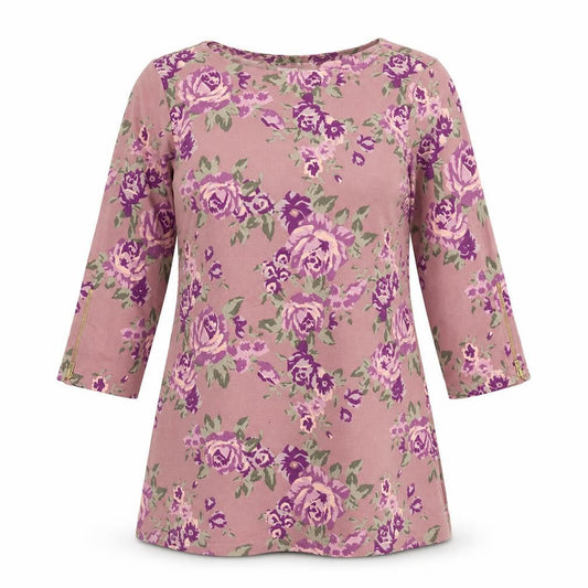 Front view of Denim & Company Women's Pink Floral 3/4 Sleeve Tunic Top, size S