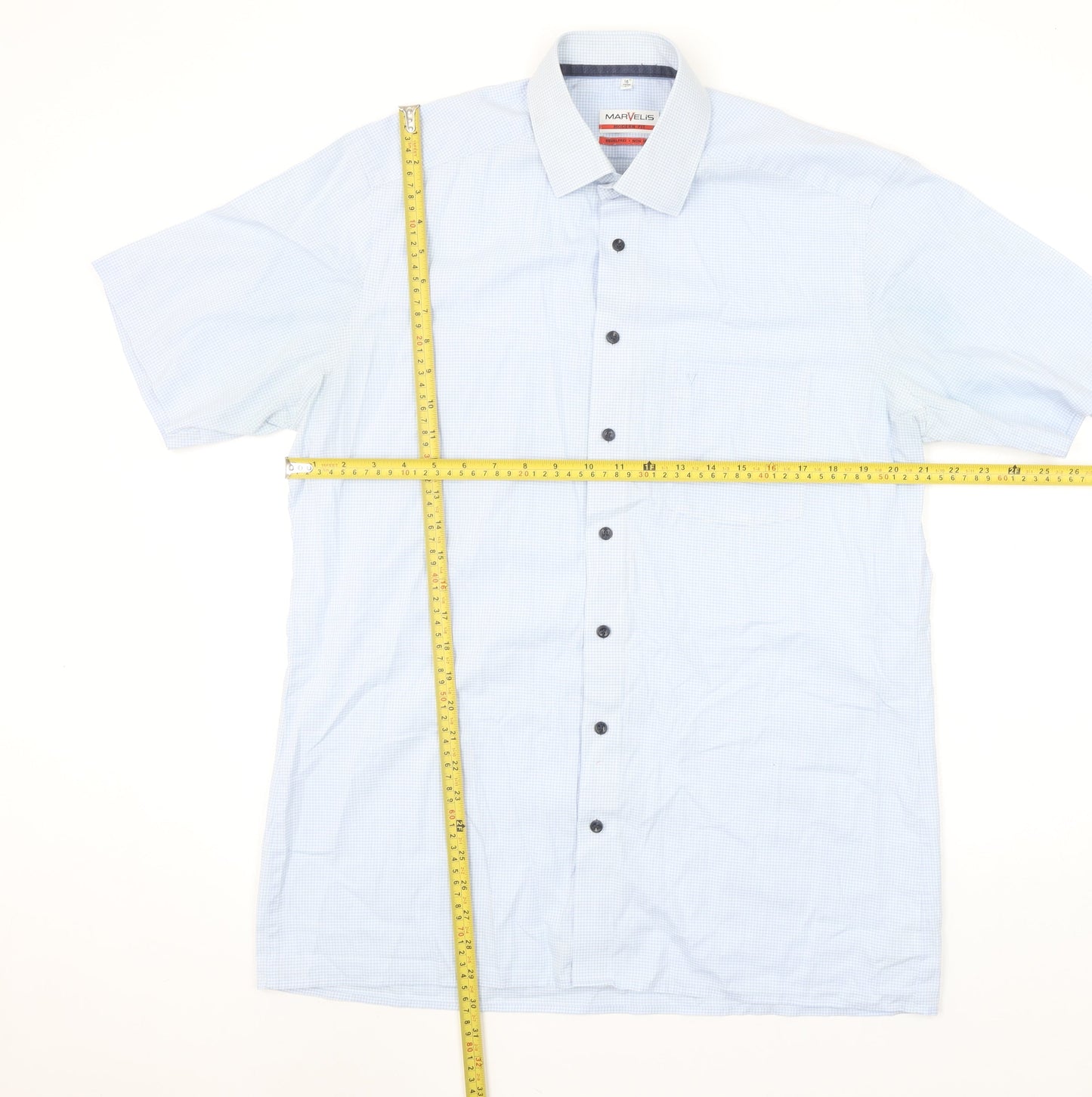 Marvelis Men's Blue Check Short Sleeve Non-Iron Shirt Size 16