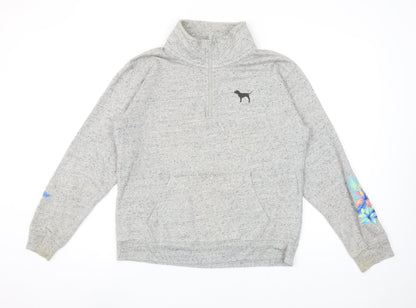 Victoria’s Secret PINK Women’s Grey 1/4 Zip Pullover Sweatshirt XS Floral Sleeve