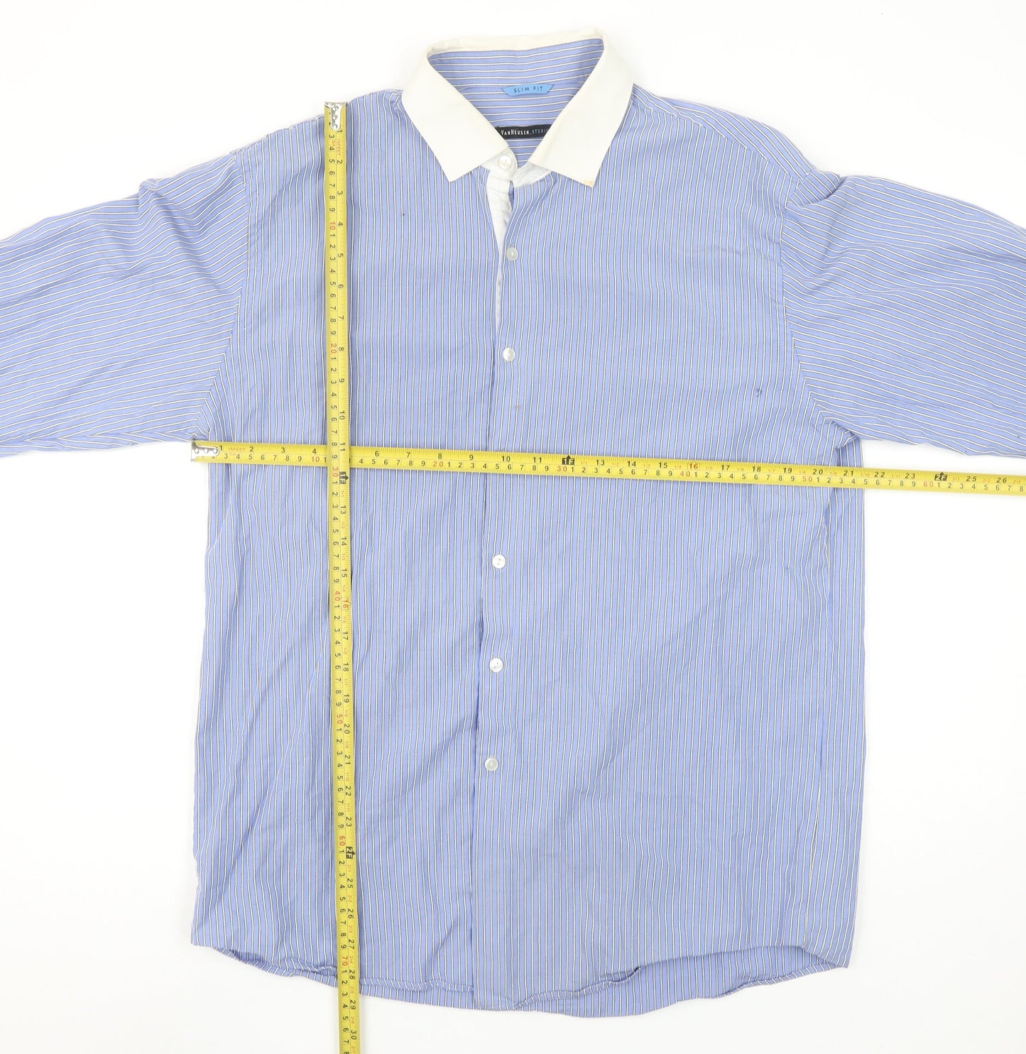 Van Heusen Men’s Blue Striped Slim Fit Long Sleeve Button-Up Shirt 16.5