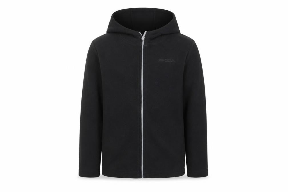 Front view of Mountain Warehouse boys’ black fleece full zip hoodie 9-10 years