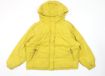 Pull&Bear Women Yellow Puffer Jacket Size 12 Hooded Polyester Short