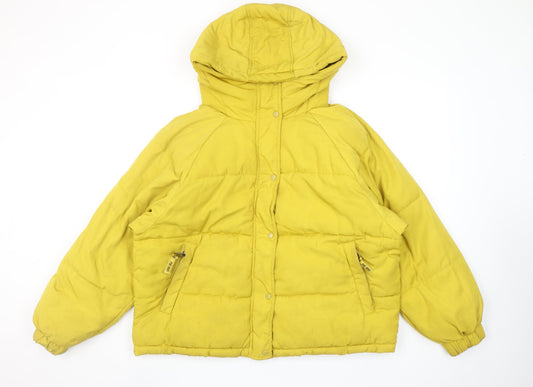 Pull&Bear Women Yellow Puffer Jacket Size 12 Hooded Polyester Short