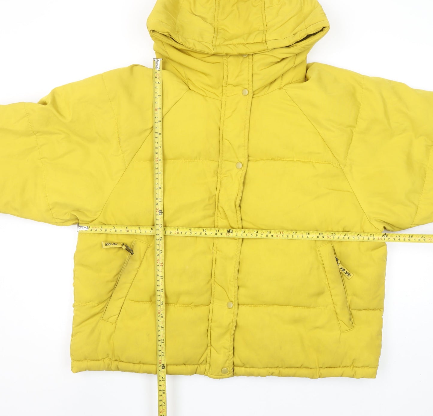 Pull&Bear Women Yellow Puffer Jacket Size 12 Hooded Polyester Short