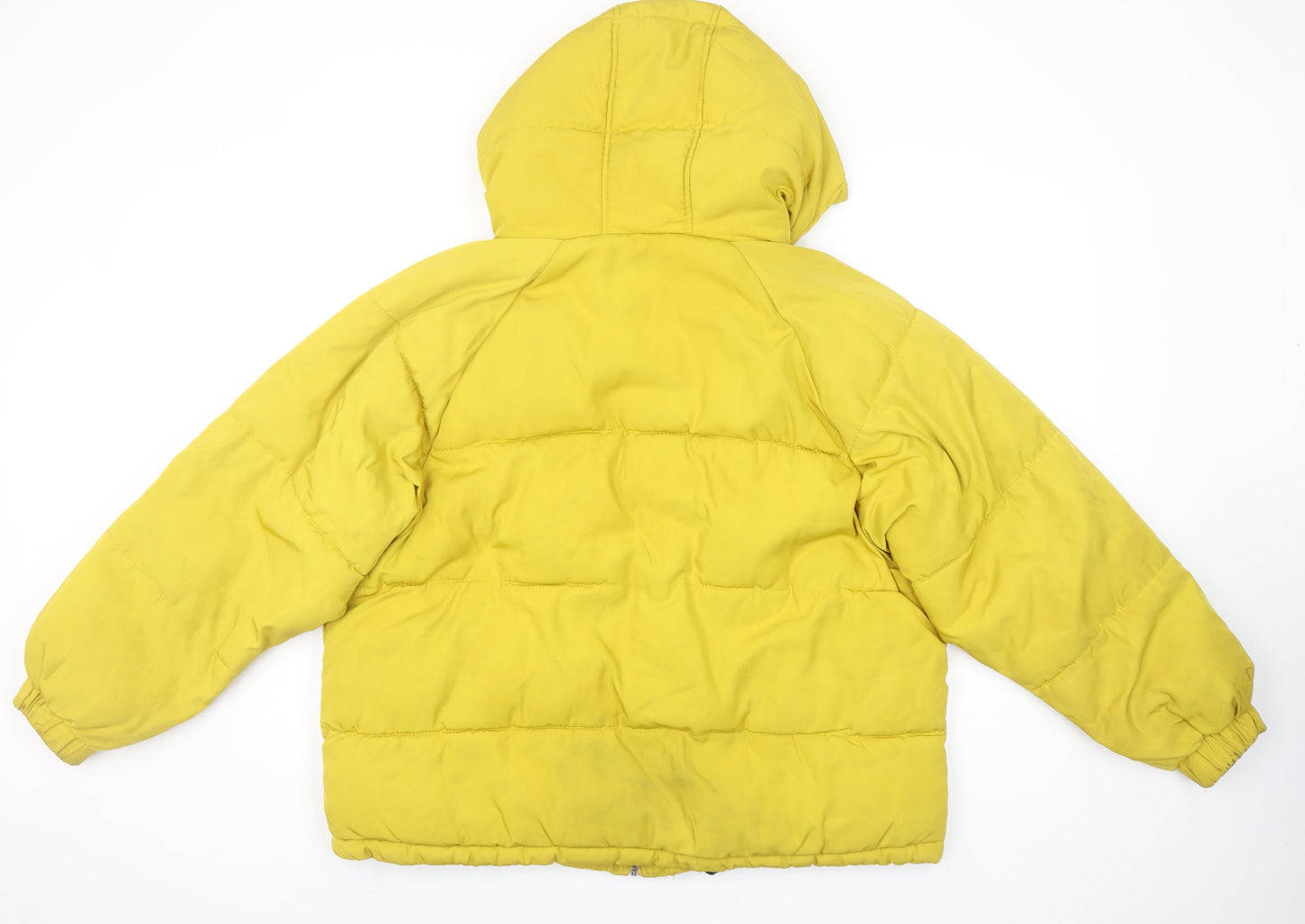 Pull&Bear Women Yellow Puffer Jacket Size 12 Hooded Polyester Short