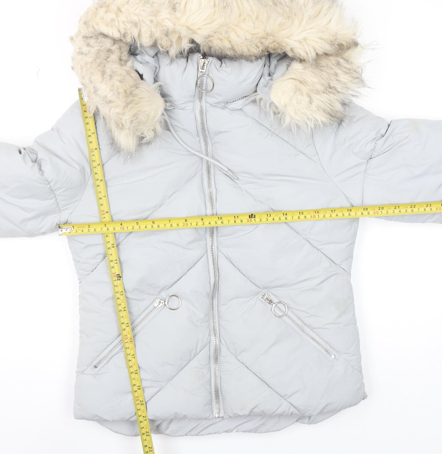 Topshop Womens Grey Faux Fur Hooded Puffer Jacket Size 6