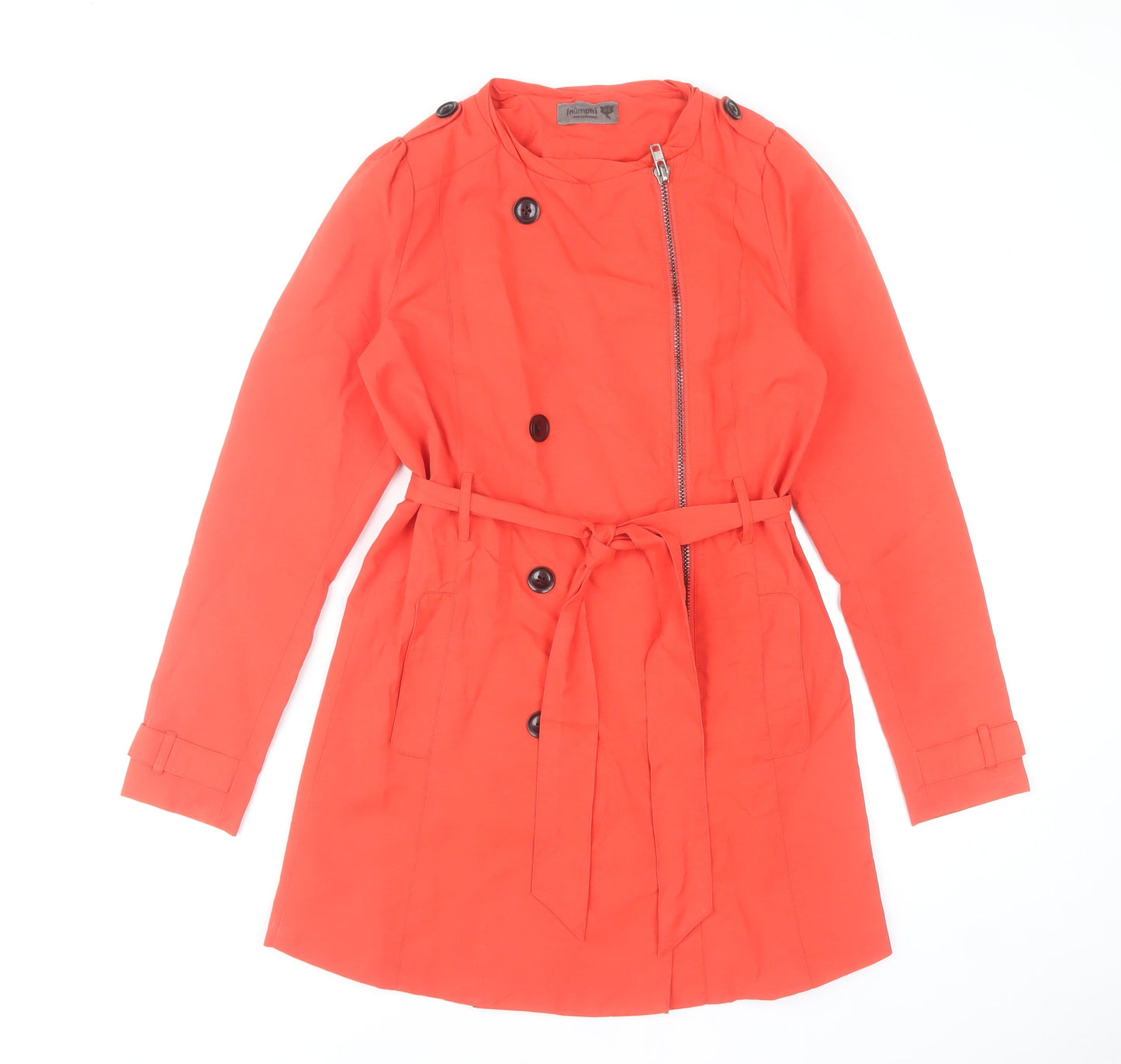 Nümph Women's Orange Trench Coat UK 8 Belted Mid-Length Cotton Blend