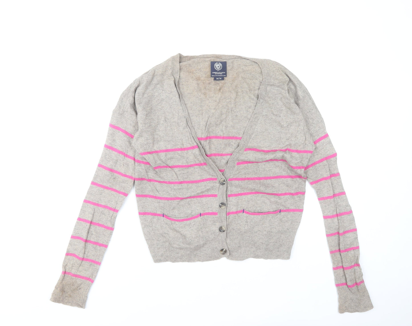 American Eagle Outfitters Women Grey Pink Stripe Cardigan M Wool Blend