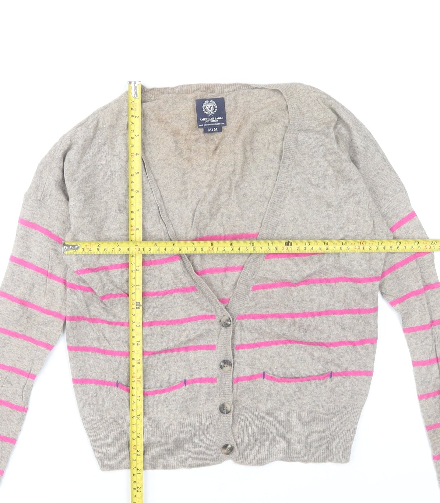 American Eagle Outfitters Women Grey Pink Stripe Cardigan M Wool Blend