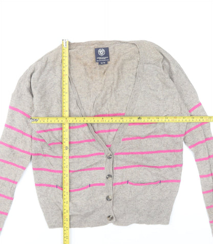American Eagle Outfitters Women Grey Pink Stripe Cardigan M Wool Blend