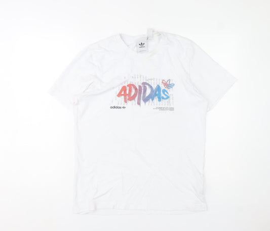 adidas Men's White Graphic Print Cotton T-Shirt Size S Regular Fit