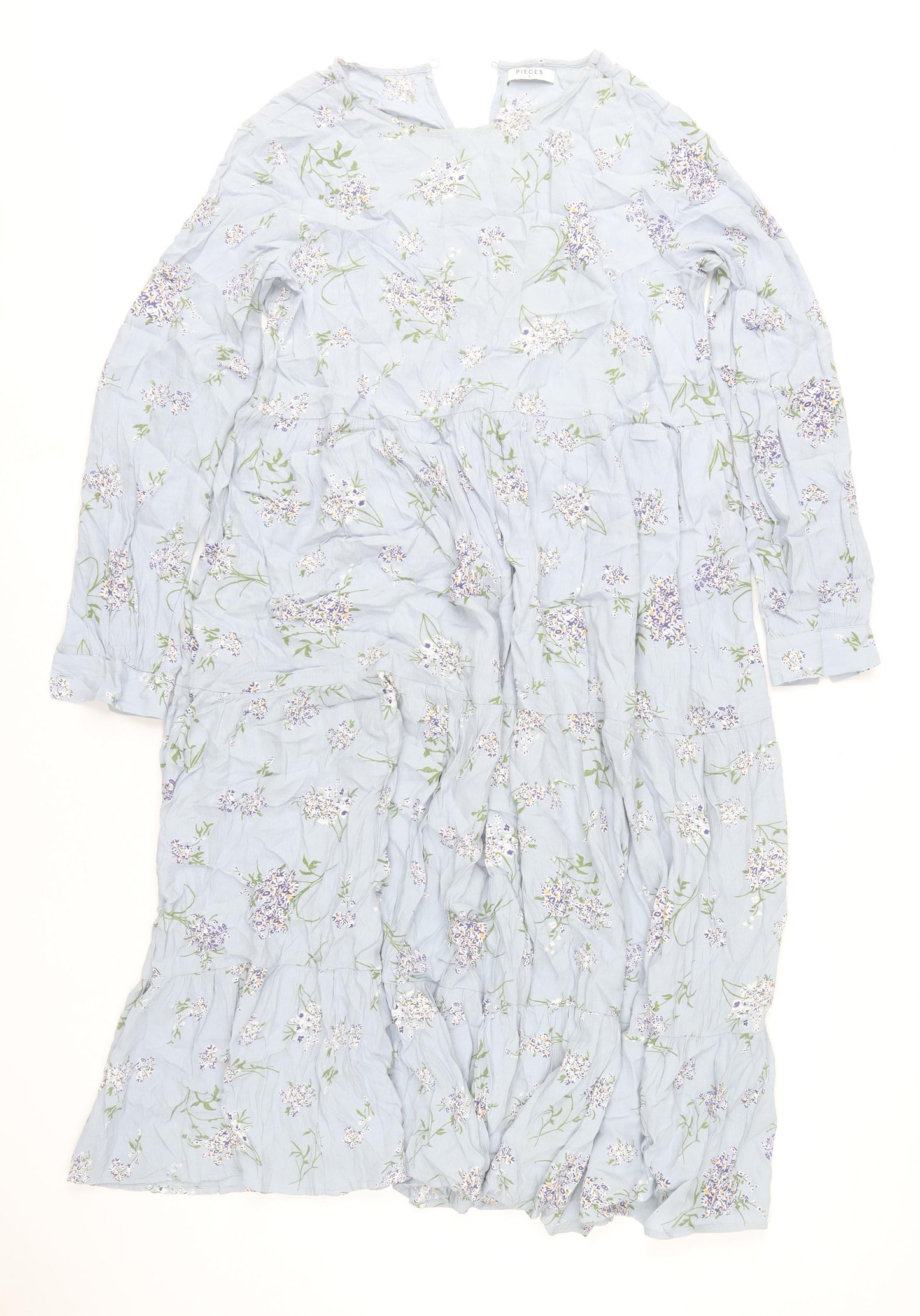 Pieces Womens Blue Floral Midi A-Line Dress Size M