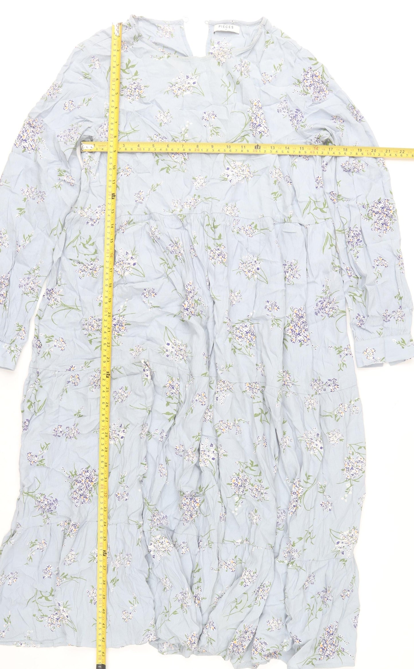 Pieces Womens Blue Floral Midi A-Line Dress Size M