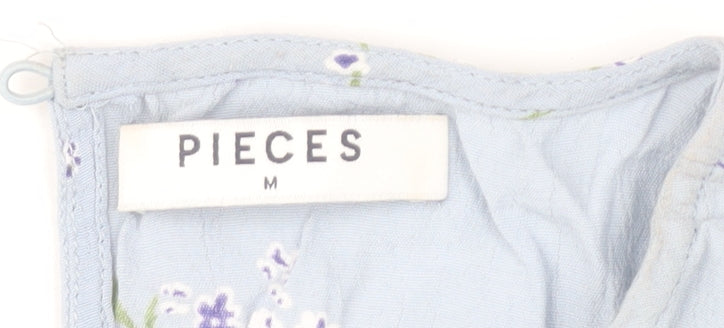 Pieces Womens Blue Floral Midi A-Line Dress Size M