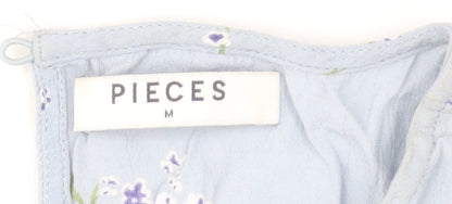 Pieces Womens Blue Floral Midi A-Line Dress Size M