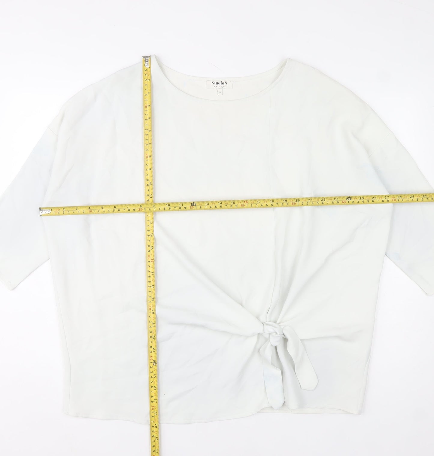 Studio 8 by Phase Eight White Tie Front Tunic Blouse Women Size 16 3/4 Sleeve