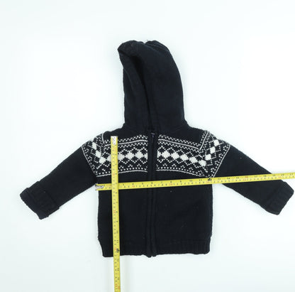 Mini Rebel Boys Black Fair Isle Hooded Knit Jacket 3 Years Lined Winter Zip Up