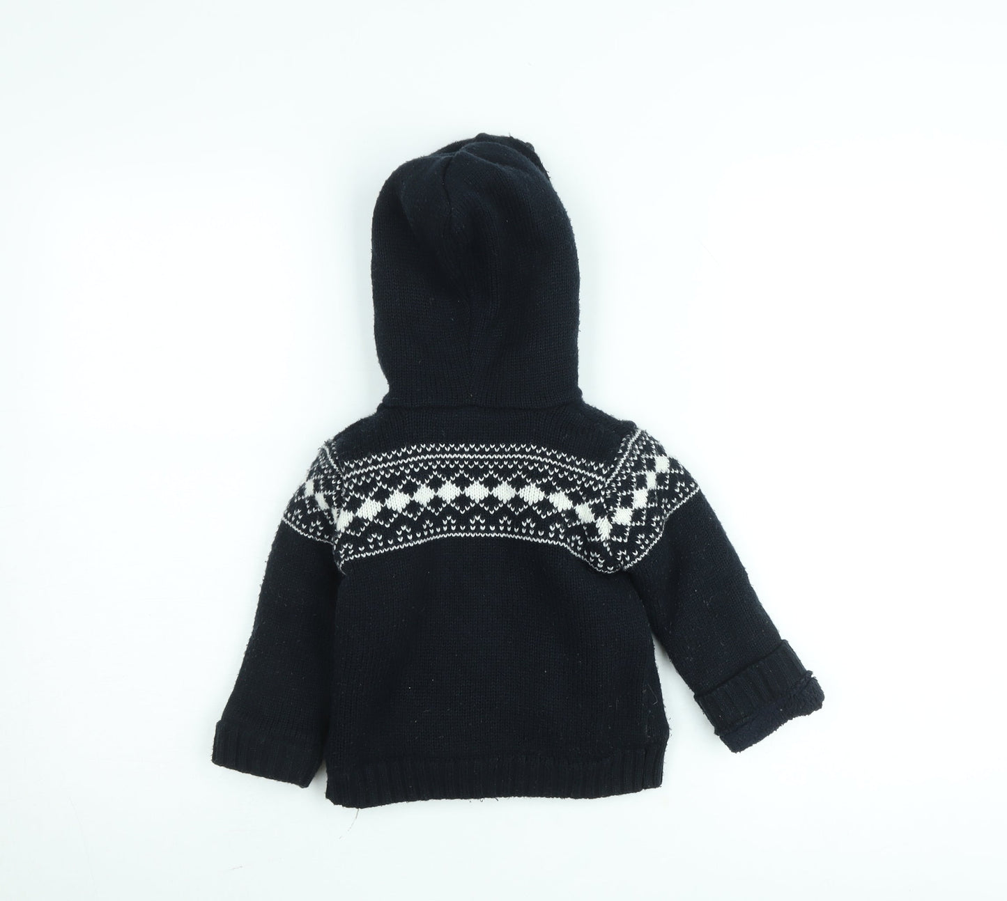 Mini Rebel Boys Black Fair Isle Hooded Knit Jacket 3 Years Lined Winter Zip Up