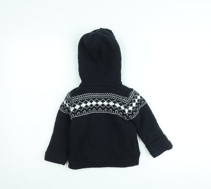 Mini Rebel Boys Black Fair Isle Hooded Knit Jacket 3 Years Lined Winter Zip Up