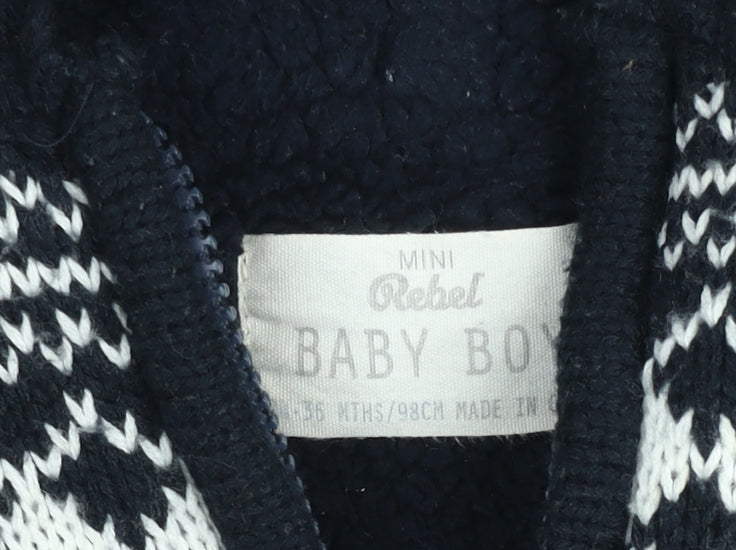 Mini Rebel Boys Black Fair Isle Hooded Knit Jacket 3 Years Lined Winter Zip Up