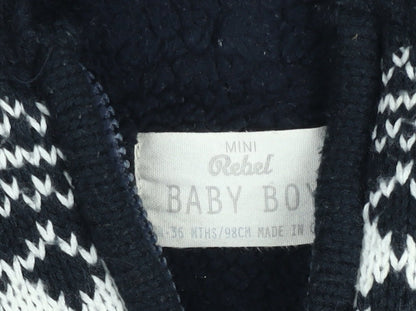 Mini Rebel Boys Black Fair Isle Hooded Knit Jacket 3 Years Lined Winter Zip Up
