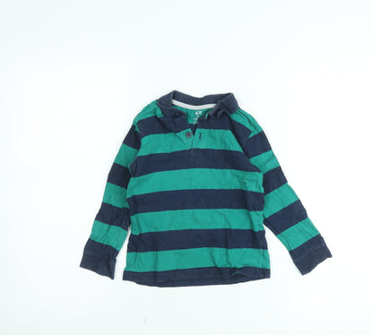 H&M Boys Green Blue Striped Long Sleeve Polo Shirt 4-6 Years Cotton