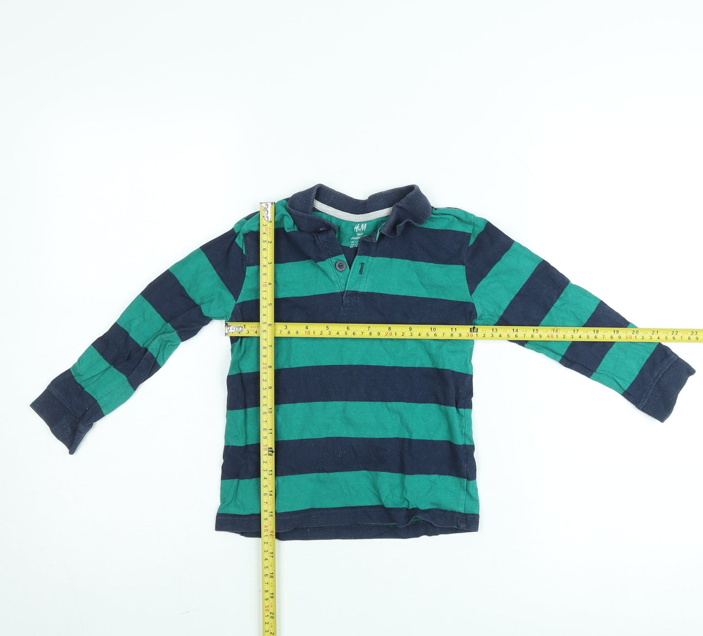 H&M Boys Green Blue Striped Long Sleeve Polo Shirt 4-6 Years Cotton