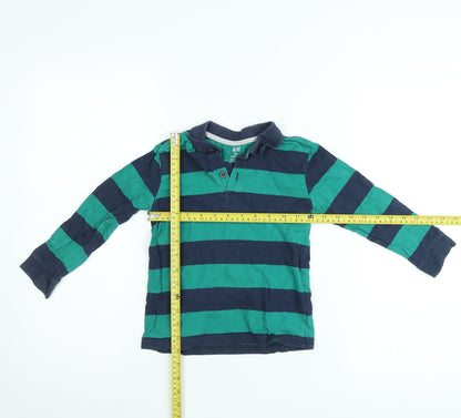 H&M Boys Green Blue Striped Long Sleeve Polo Shirt 4-6 Years Cotton