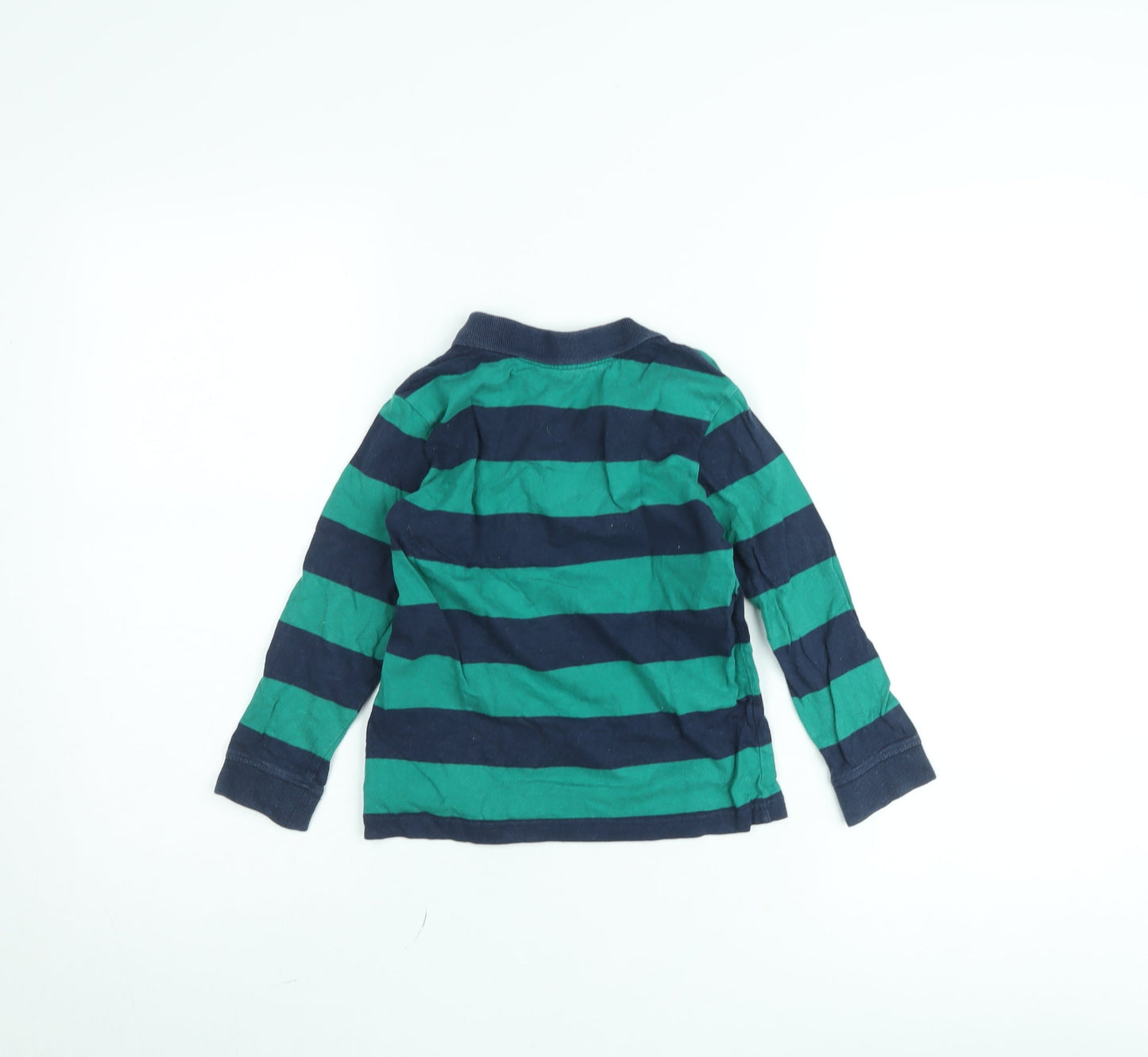 H&M Boys Green Blue Striped Long Sleeve Polo Shirt 4-6 Years Cotton