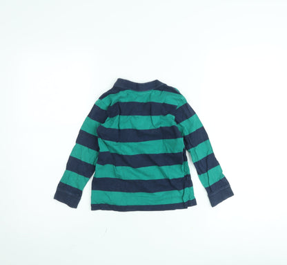 H&M Boys Green Blue Striped Long Sleeve Polo Shirt 4-6 Years Cotton
