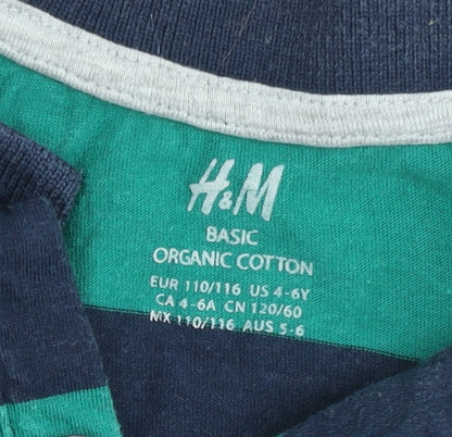 H&M Boys Green Blue Striped Long Sleeve Polo Shirt 4-6 Years Cotton