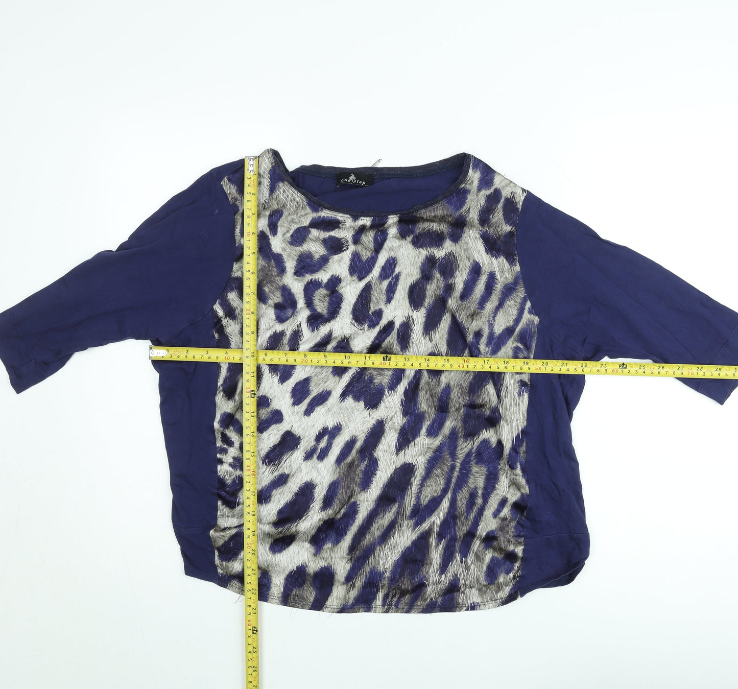 One Step Women's Blue Leopard Print 3/4 Sleeve Relaxed Blouse Size L