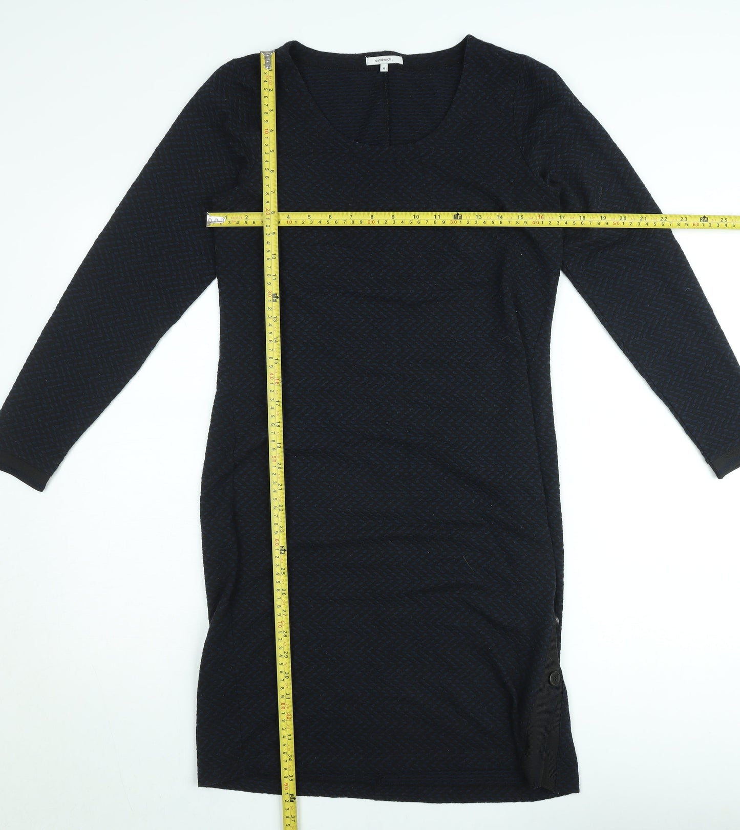 Sandwich Women Black Knit Bodycon Dress Size M Long Sleeve Scoop Neck