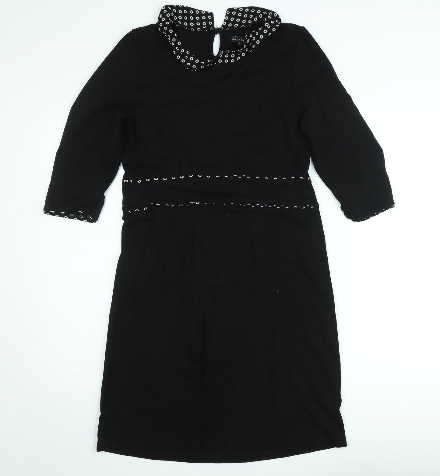 King Louie Women Black Knee Length Shift Dress L Collared Stretch