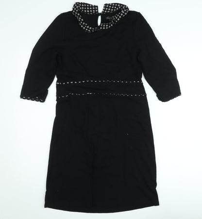 King Louie Women Black Knee Length Shift Dress L Collared Stretch