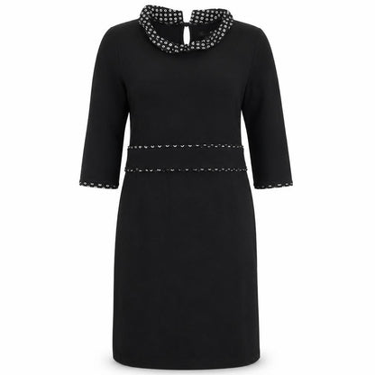 King Louie Women Black Knee Length Shift Dress L Collared Stretch