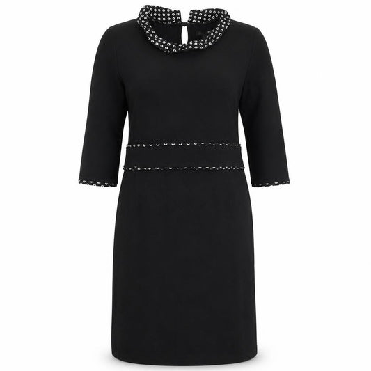 King Louie Women Black Knee Length Shift Dress L Collared Stretch