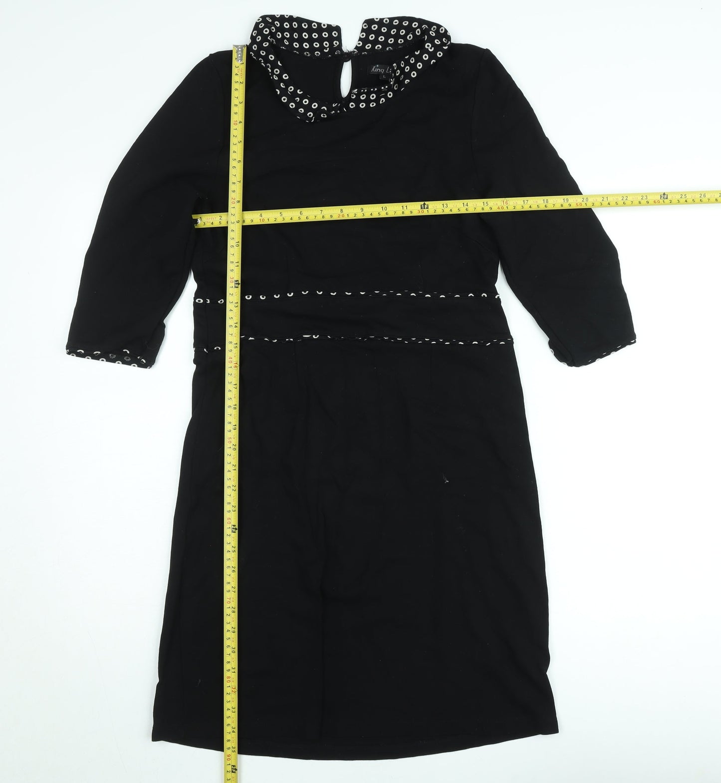 King Louie Women Black Knee Length Shift Dress L Collared Stretch
