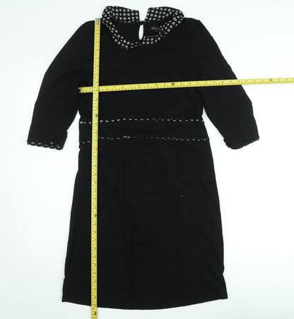 King Louie Women Black Knee Length Shift Dress L Collared Stretch
