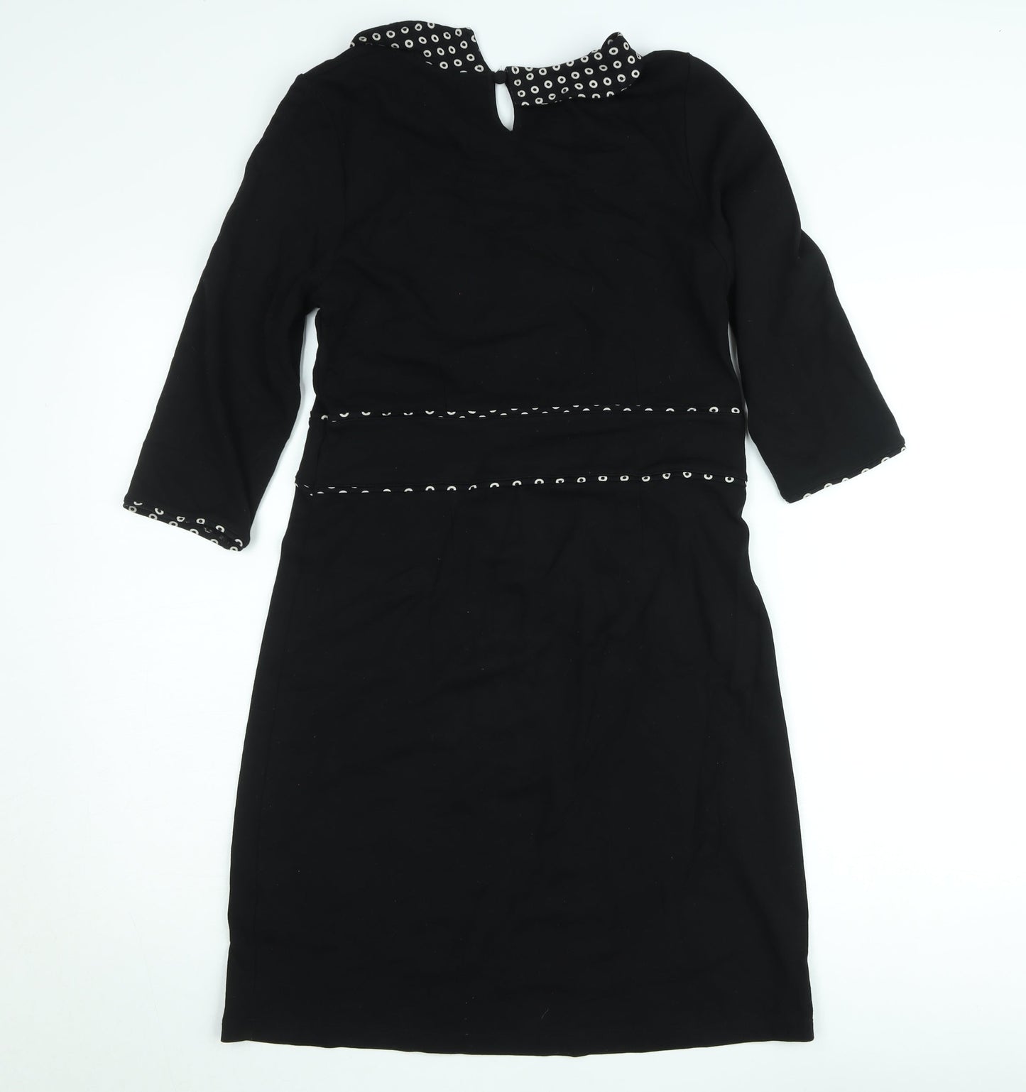 King Louie Women Black Knee Length Shift Dress L Collared Stretch