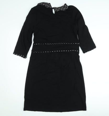 King Louie Women Black Knee Length Shift Dress L Collared Stretch