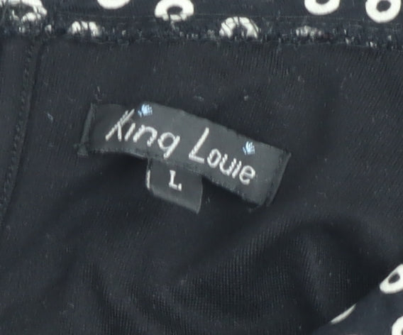 King Louie Women Black Knee Length Shift Dress L Collared Stretch