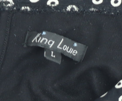 King Louie Women Black Knee Length Shift Dress L Collared Stretch